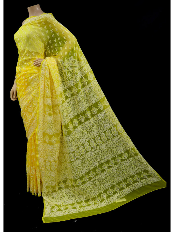 ISHIEQA's Yellow Georgette Chikankari Saree- DC0202C