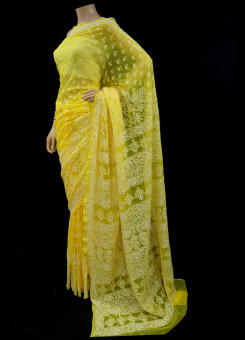 ISHIEQA's Yellow Georgette Chikankari Saree- DC0202C