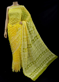 ISHIEQA's Yellow Georgette Chikankari Saree- DC0202C