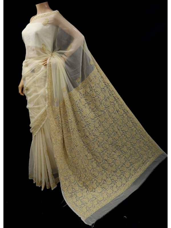 ISHIEQA's Beige Georgette Chikankari Saree - RR0104D