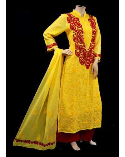 ISHIEQA's Aari work Yellow-Red Georgette Kurti with Dupatta -DC2501C