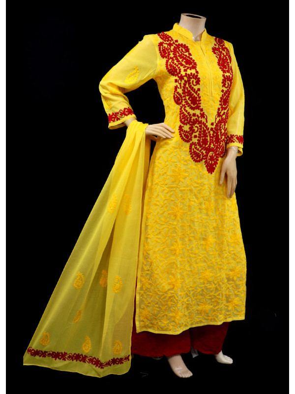 ISHIEQA's Aari work Yellow-Red Georgette Kurti with Dupatta -DC2501C