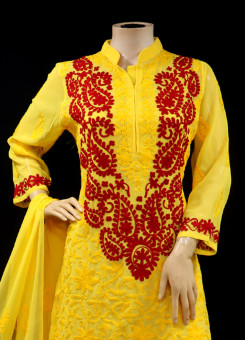 ISHIEQA's Aari work Yellow-Red Georgette Kurti with Dupatta -DC2501C