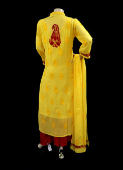 ISHIEQA's Aari work Yellow-Red Georgette Kurti with Dupatta -DC2501C