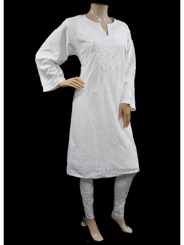 Women's Lucknowi Handcrafted White Cotton Chikankari Kurti - HONC02999 –  Nazranachikan