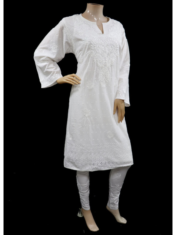 ISHIEQA's White Cotton Chikankari Kurti  - LC0401A 