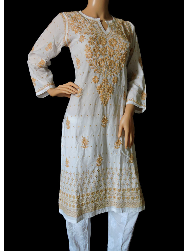 ISHIEQA's White-Brown Cotton Hakoba Chikankari Kurti  - LC0201B