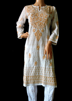 ISHIEQA's White-Brown Cotton Hakoba Chikankari Kurti  - LC0201B