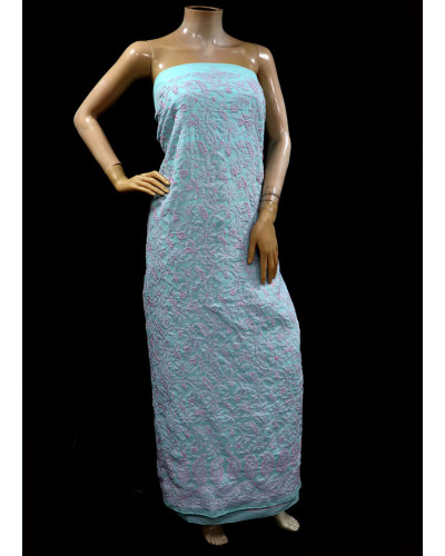 ISHIEQAs Chikankari Sea Green-Pink Cotton Kurti Fabric - MV1401E