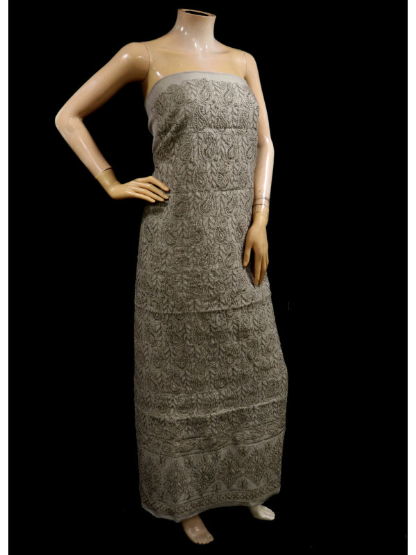 ISHIEQAs Chikan Grey A Chanderi Kurti Fabric - AN0105E