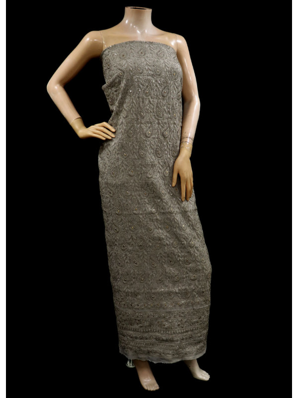 ISHIEQAs Chikan Grey Mukaish work Chanderi Kurti Fabric-AN0104E