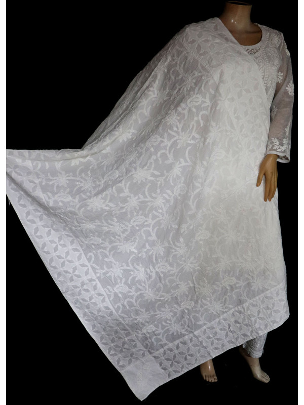 ISHIEQA's White Cotton Chikankari Dupatta - SC0114D