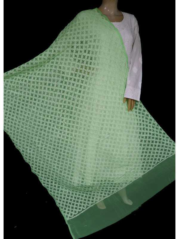 ISHIEQA's Green Georgette Chikankari Dupatta - KL0311D