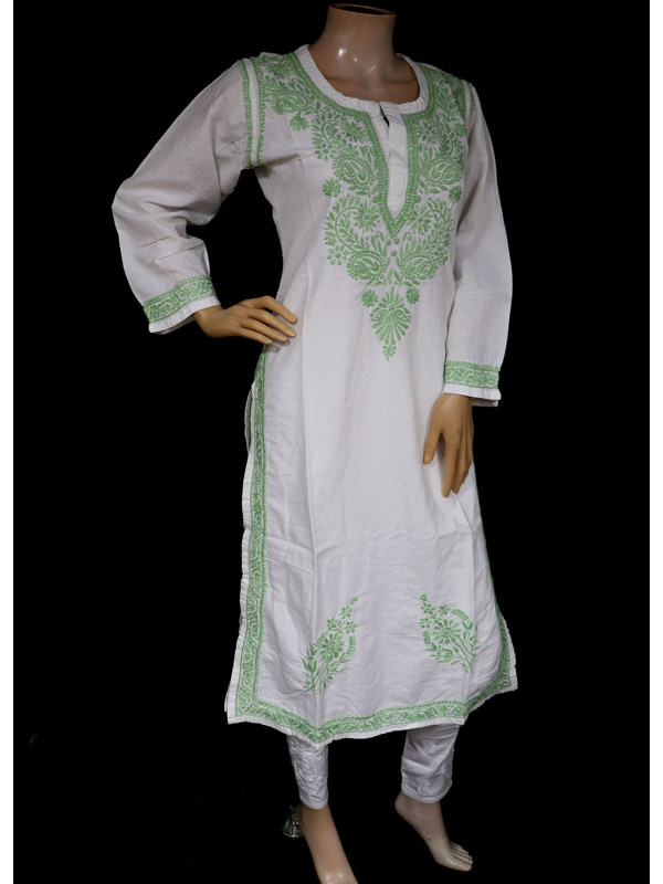 ISHIEQA's White-Green Chikankari Linen Kurti  - RR0403D