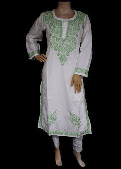ISHIEQA's White-Green Chikankari Linen Kurti  - RR0403D