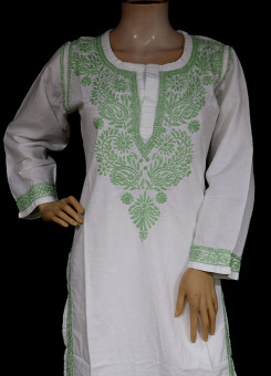 ISHIEQA's White-Green Chikankari Linen Kurti  - RR0403D