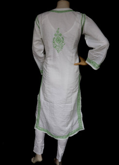 ISHIEQA's White-Green Chikankari Linen Kurti  - RR0403D