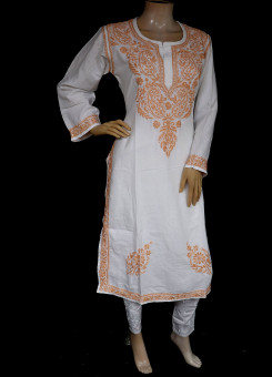 ISHIEQA's White-Peach Chikankari Linen Kurti  - RR0403D