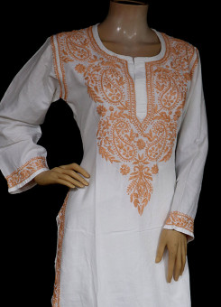 ISHIEQA's White-Peach Chikankari Linen Kurti  - RR0403D