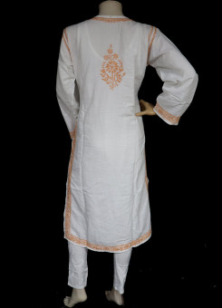 ISHIEQA's White-Peach Chikankari Linen Kurti  - RR0403D