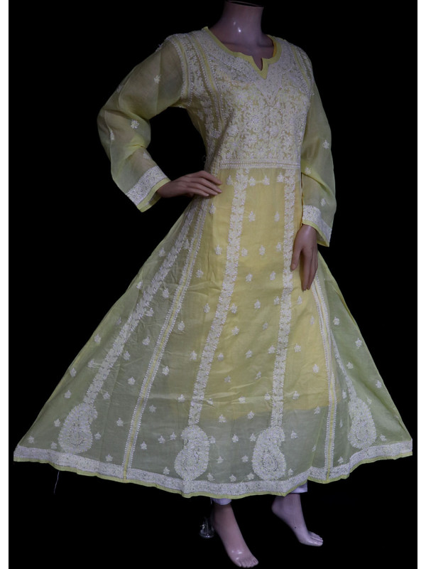 ISHIEQA's Designer Yellow A-Line Cotton Chikankari Kurti - RR0406D