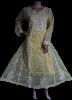ISHIEQA's Designer Yellow A-Line Cotton Chikankari Kurti - RR0406D