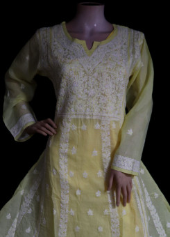 ISHIEQA's Designer Yellow A-Line Cotton Chikankari Kurti - RR0406D