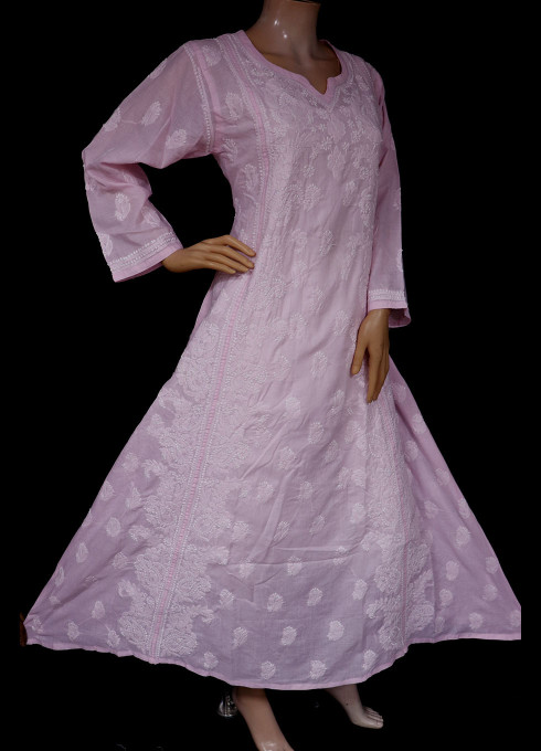 ISHIEQA's Designer Pink A-Line Cotton Chikankari Kurti - RR0503D