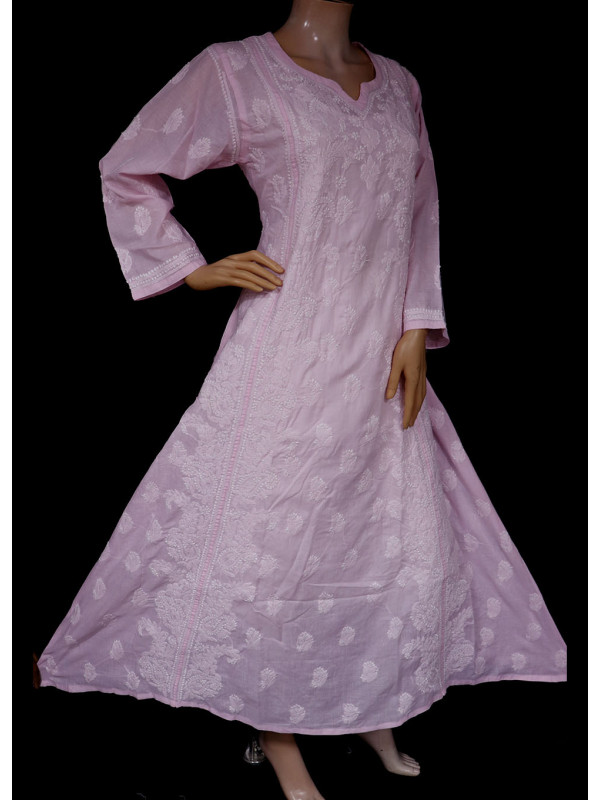 ISHIEQA's Designer Pink A-Line Cotton Chikankari Kurti - RR0503D