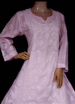 ISHIEQA's Designer Pink A-Line Cotton Chikankari Kurti - RR0503D