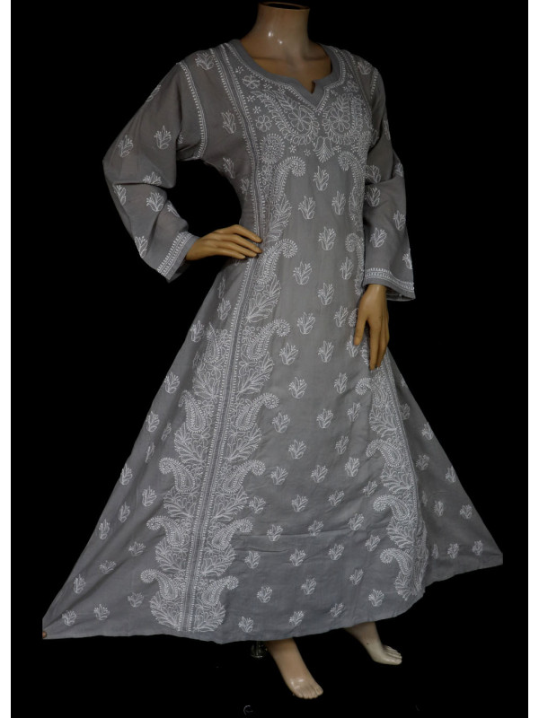 ISHIEQA's Designer Grey A-Line Cotton Chikankari Kurti - RR0503D