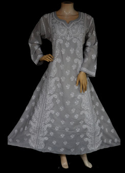ISHIEQA's Designer Grey A-Line Cotton Chikankari Kurti - RR0503D