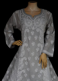 ISHIEQA's Designer Grey A-Line Cotton Chikankari Kurti - RR0503D