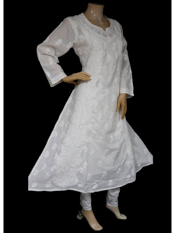 ISHIEQA's Designer White A-Line Cotton Chikankari Kurti - RR0503D