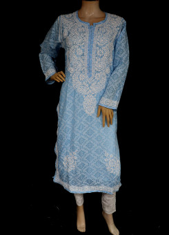 ISHIEQA's Blue Malmal Brasso Chikankari Kurti - RR0404D