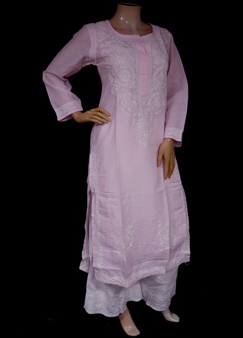 3/4th Sleeve Pink Ladies Cotton Chikankari Kurti, Size: S-XL, Wash Care:  Handwash at Rs 450 in Lucknow