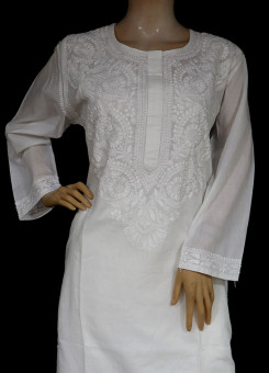 ISHIEQA's White Cotton Chikankari Kurti - RR0401D
