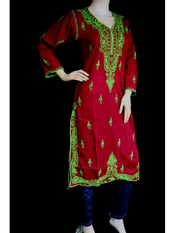 ISHIEQA's Red-Green Cotton Chikankari Kurti  - SF0401A 