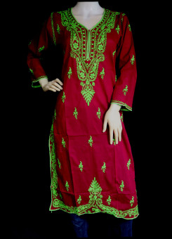 ISHIEQA's Red-Green Cotton Chikankari Kurti  - SF0401A 
