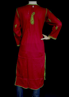 ISHIEQA's Red-Green Cotton Chikankari Kurti  - SF0401A 