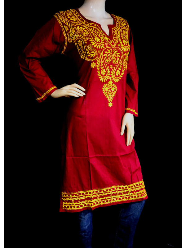 ISHIEQA's Maroon-Yellow Cotton Chikankari Kurti  - SF0501A