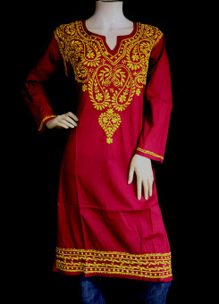 ISHIEQA's Maroon-Yellow Cotton Chikankari Kurti  - SF0501A