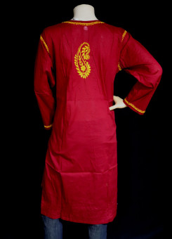 ISHIEQA's Maroon-Yellow Cotton Chikankari Kurti  - SF0501A