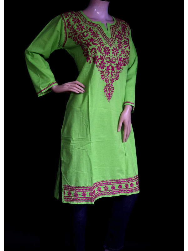 ISHIEQA's Green-Pink Cotton Chikankari Kurti  - SF0501A