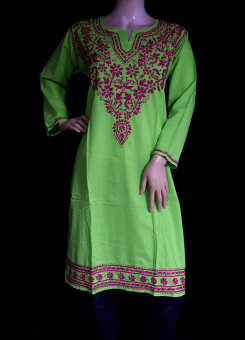 ISHIEQA's Green-Pink Cotton Chikankari Kurti  - SF0501A