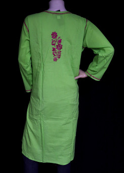 ISHIEQA's Green-Pink Cotton Chikankari Kurti  - SF0501A