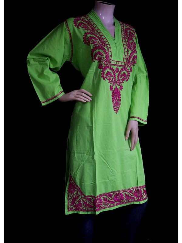 ISHIEQA's Green-Pink Cotton Chikankari Kurti  - SF0203A