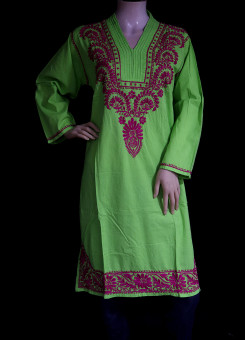 ISHIEQA's Green-Pink Cotton Chikankari Kurti  - SF0203A