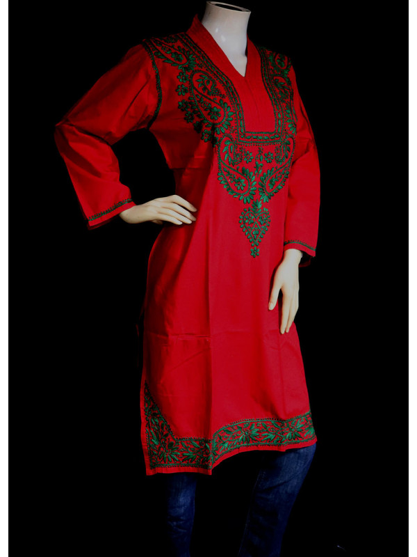 ISHIEQA's Red-Green Cotton Chikankari Kurti  - SF0203A