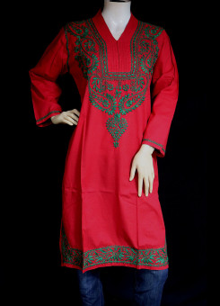 ISHIEQA's Red-Green Cotton Chikankari Kurti  - SF0203A